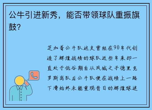 公牛引进新秀，能否带领球队重振旗鼓？